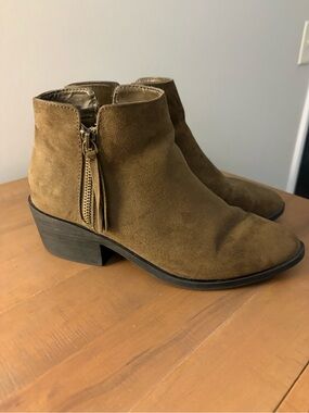 Suede Ankle Booties in Olive Green/Brown - Women's Fashion Boot